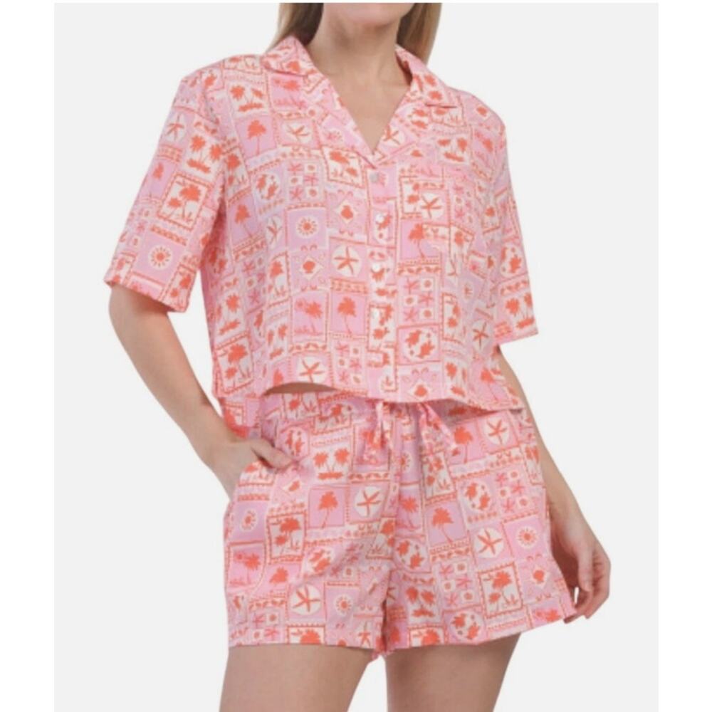 Sigrid Olsen Sleepwear 2 piece short lounge set pink red tropical notch NWT